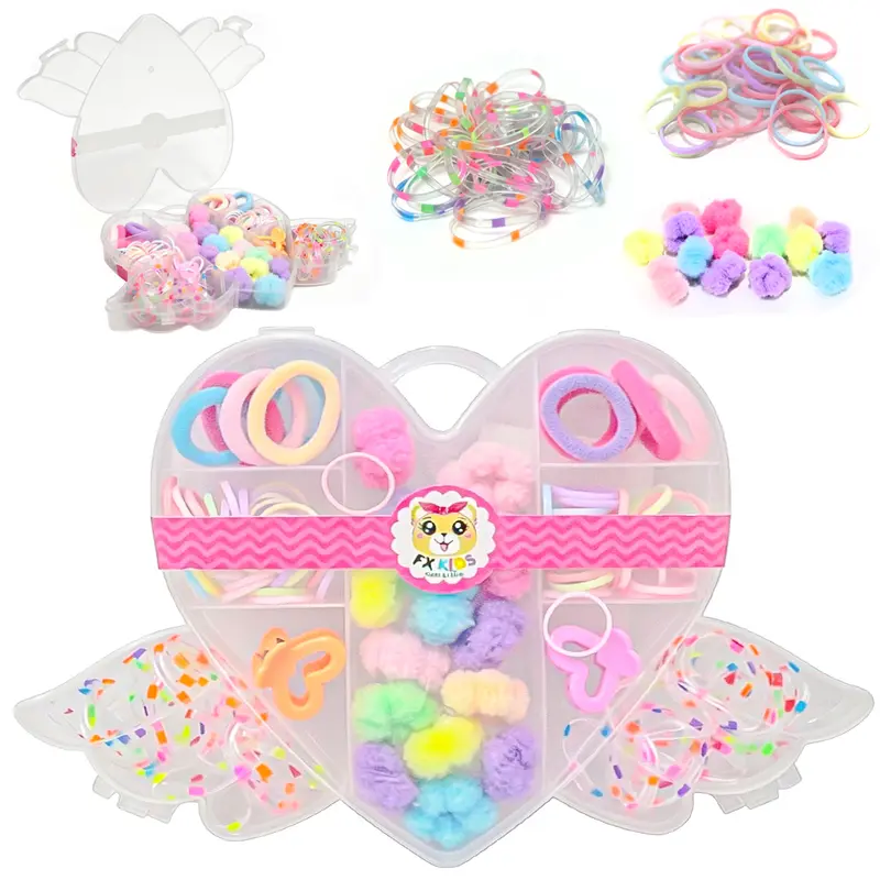 KIT ACESSORIOS PARA CABELO ELASTICO / RABICO + MINI PIRANHA NO ESTOJO CORACAO