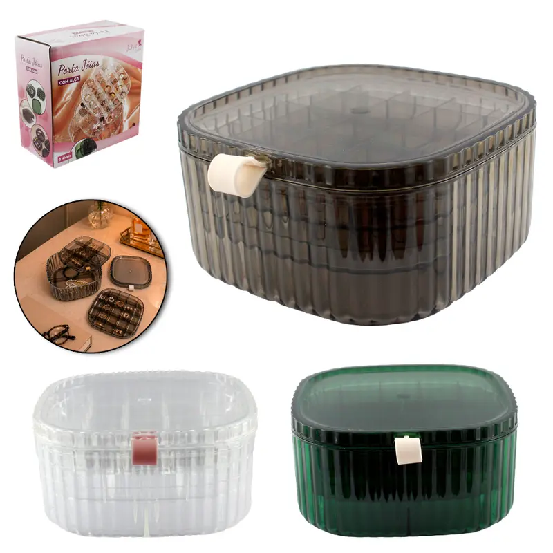 ESTOJO PORTA JOIAS ACRILICO QUADRADO TRIPLO 36 CAVIDADES + TAMPA E ALCA SILICONE JOLYIN BEAUTY 15X7,5CM