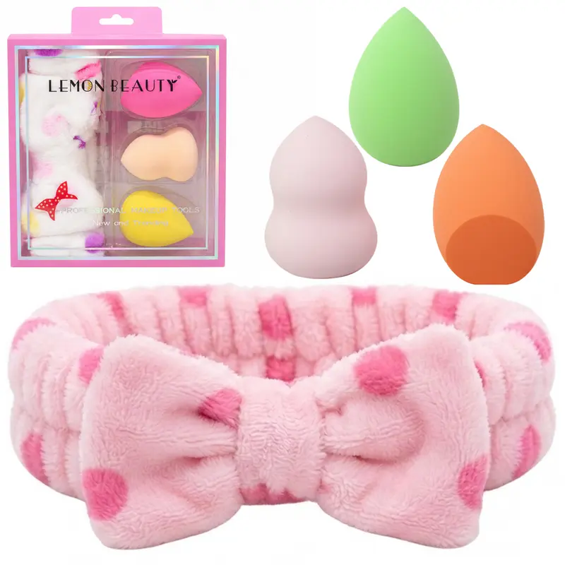 FAIXA SKINCARE PARA CABELO DE POLIESTER COM LACO + 3 ESPONJAS PARA MAQUIAGEM GOTA LEMON BEAUTY 7X19/6X4CM