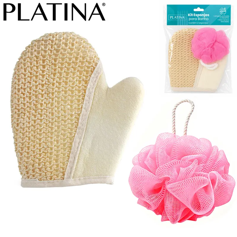 LUVA DUPLA FACE + ESPONJA / BUCHA DE NYLON PARA BANHO PLATINA COM 2 PECAS