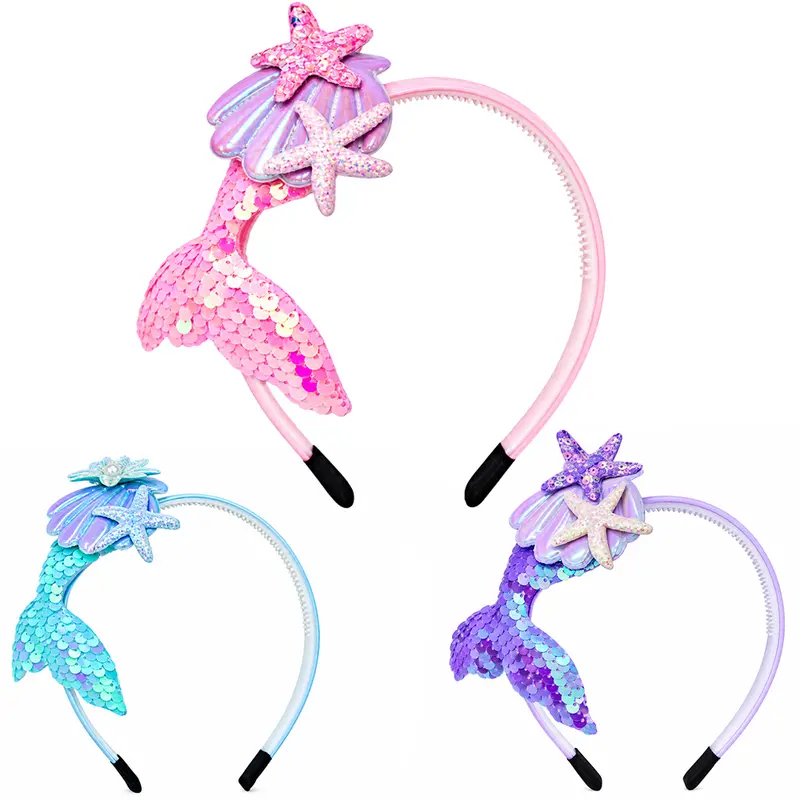 TIARA INFANTIL SEREIA COM LANTEJOULA MAGICA + CONCHA E 2 ESTRELAS 16X13CM