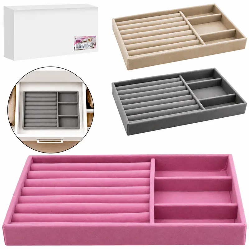 BANDEJA PORTA JOIAS DE POLIESTER AVELUDADO RETANGULAR COM 3 DIVISORIAS JOLYIN BEAUTY 21X12,5X2,5CM