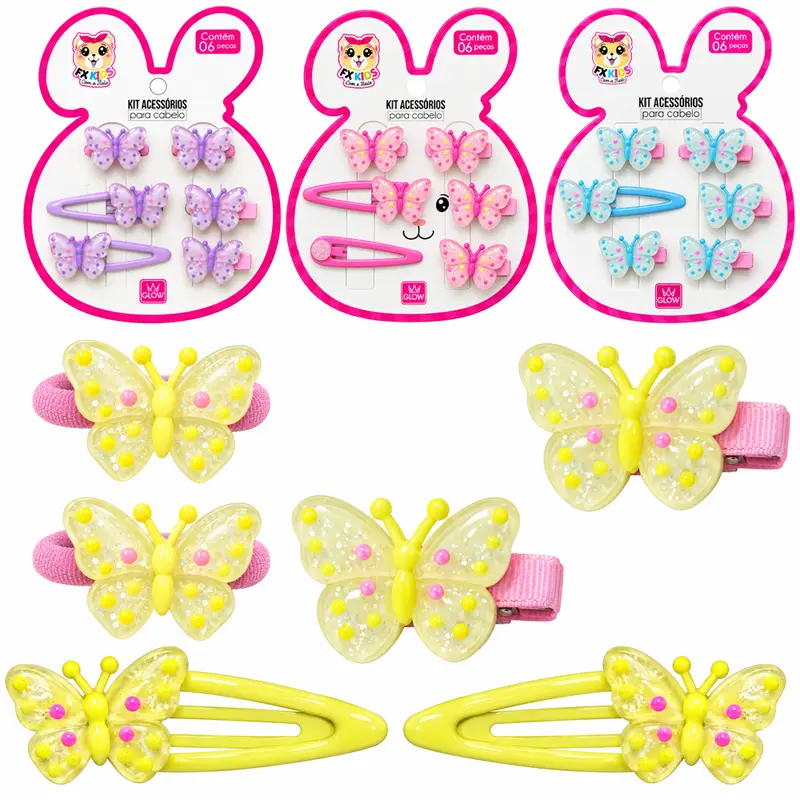 KIT ACESSORIOS PARA CABELO ELASTICO / RABICO + PRESILHA TIC TAC BORBOLETA GLOW 6 PECAS