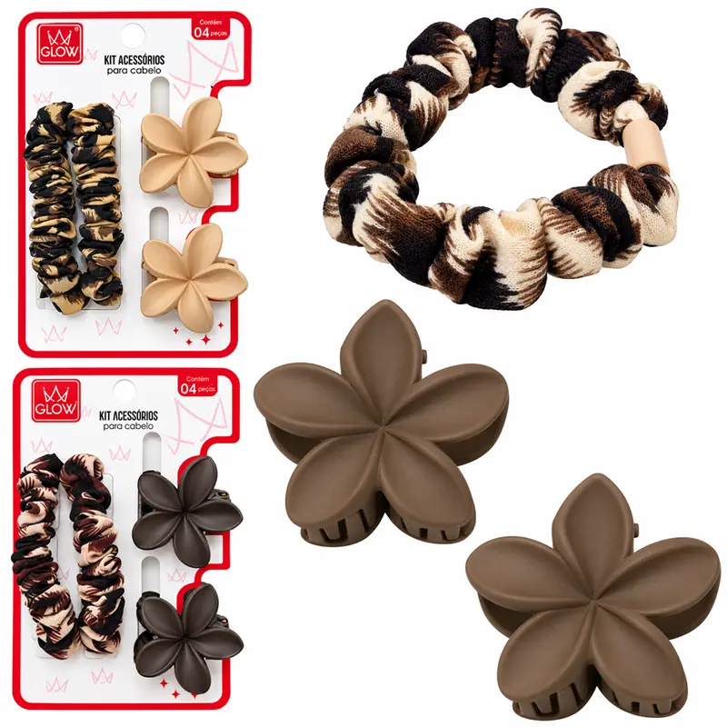 KIT ACESSORIOS PARA CABELO ELASTICO / RABICO + PIRANHA FLOR FOSCA GLOW COM 4 PECAS