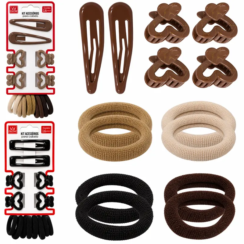 KIT ACESSORIOS PARA CABELO ELASTICO / RABICO + PRESILHA TIC TAC E MINI PIRANHA GLOW 16 PECAS