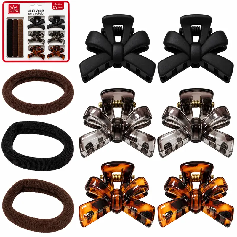 KIT ACESSORIOS PARA CABELO ELASTICO / RABICO + PIRANHA LACO GLOW 9 PECAS