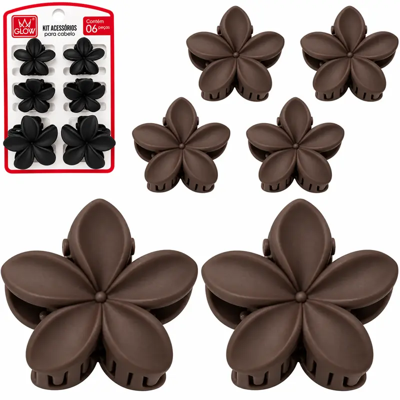 KIT ACESSORIOS PARA CABELO PIRANHA FLOR FOSCA GLOW COM 6 PECAS