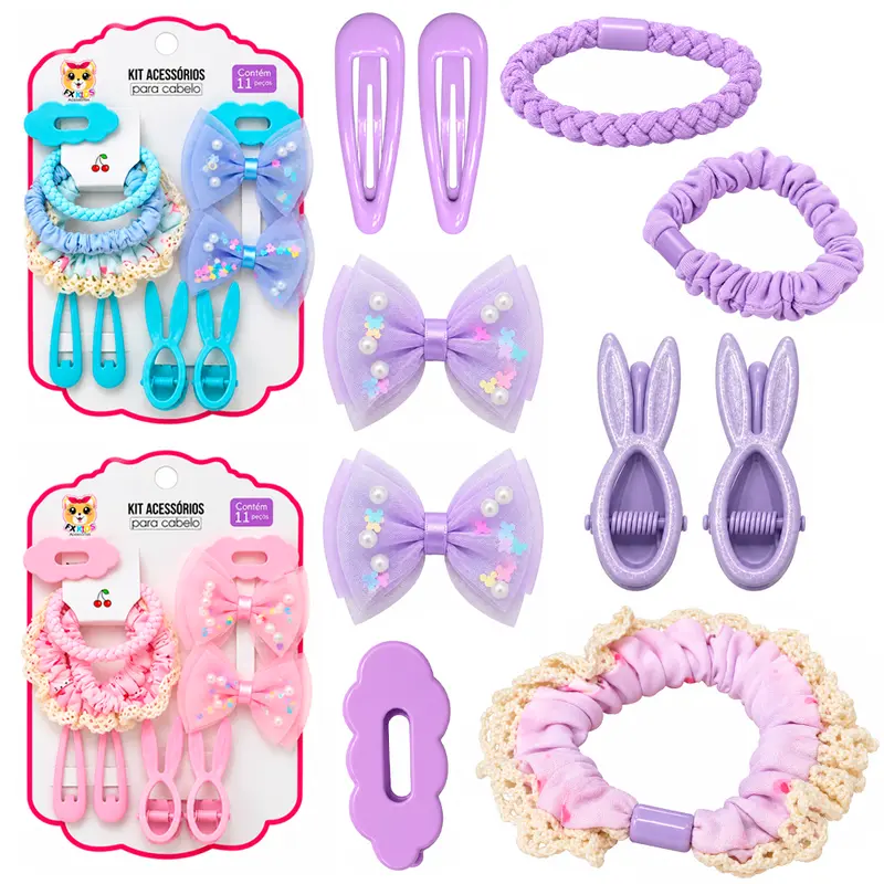 KIT ACESSORIOS PARA CABELO ELASTICO / RABICO + PRESILHA TIC TAC FX KIDS 11 PECAS