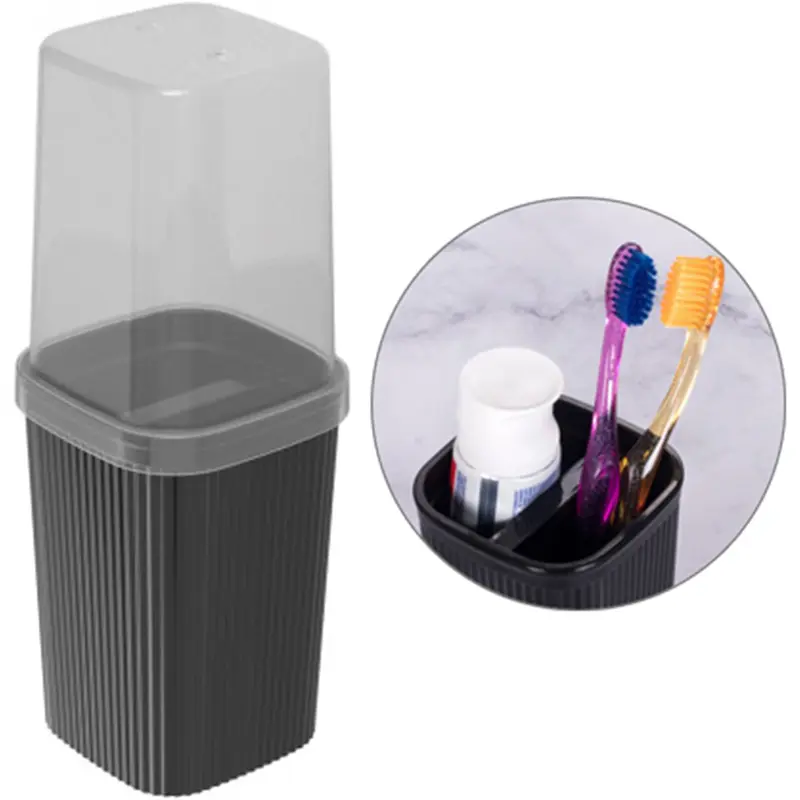 PORTA ESCOVA DENTAL DE PIA DE PLASTICO QUADRADO COM TAMPA CLASSIC FRISOS PRETO 380ML