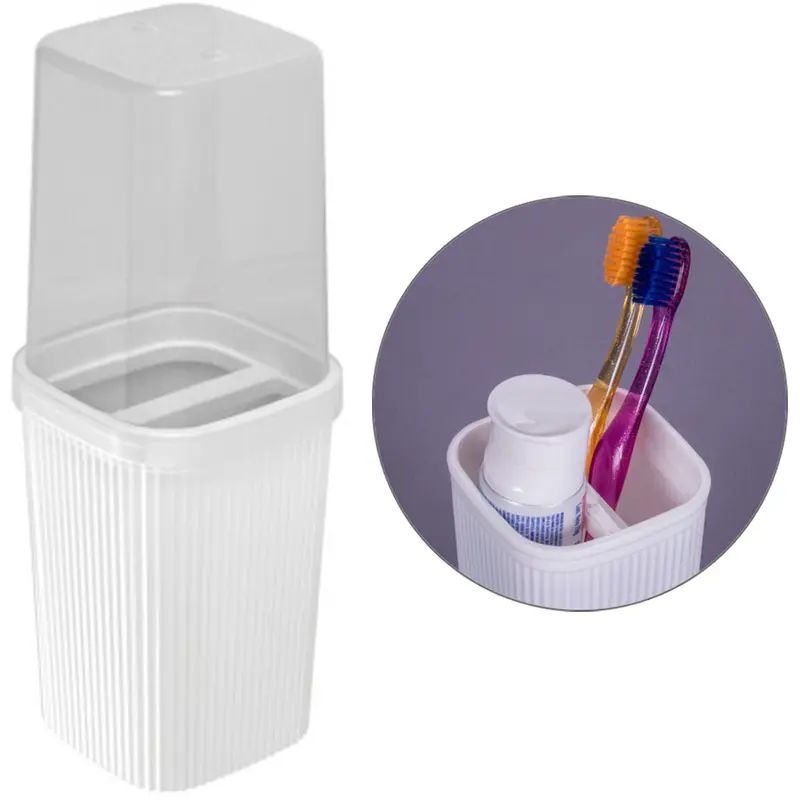 PORTA ESCOVA DENTAL DE PIA DE PLASTICO QUADRADO COM TAMPA CLASSIC FRISOS BRANCO 380ML