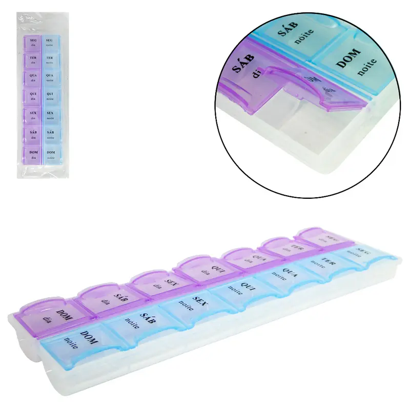 PORTA COMPRIMIDO DE PLASTICO RETANGULAR SEMANAL DIA E NOITE COM 14 COMPARTIMENTOS 21,5X6CM