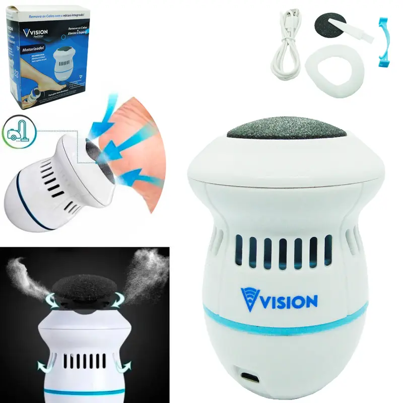 ESFOLIADOR REMOVE CALOS DOS PES A VACUO RECARREGAVEL VISION ACESSORIOS + 2 VELOCIDADES E CABO USB