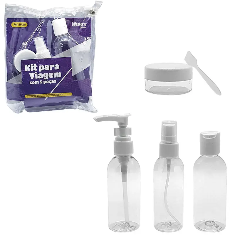 KIT FRASCO DE PLASTICO PARA VIAGEM + ESPATULA 5 PECAS NA BOLSA CVD