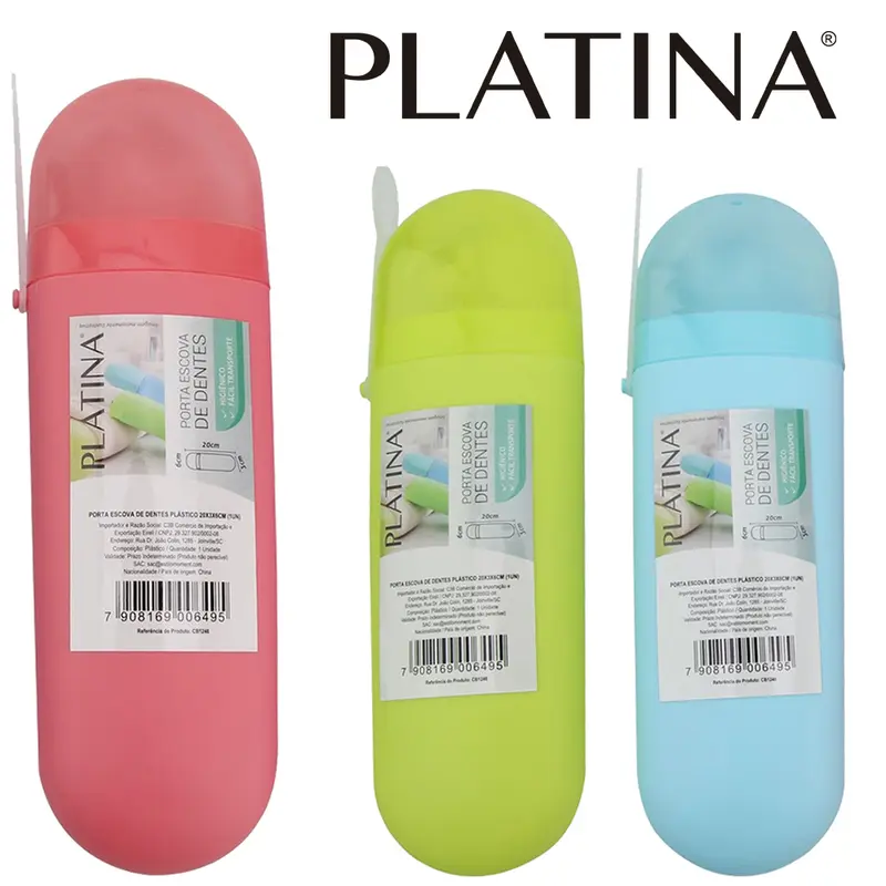 PORTA ESCOVA / ESTOJO DENTAL DE PLASTICO OVAL BIPARTIDO COM ALCA PLATINA COLORS 20X6CM