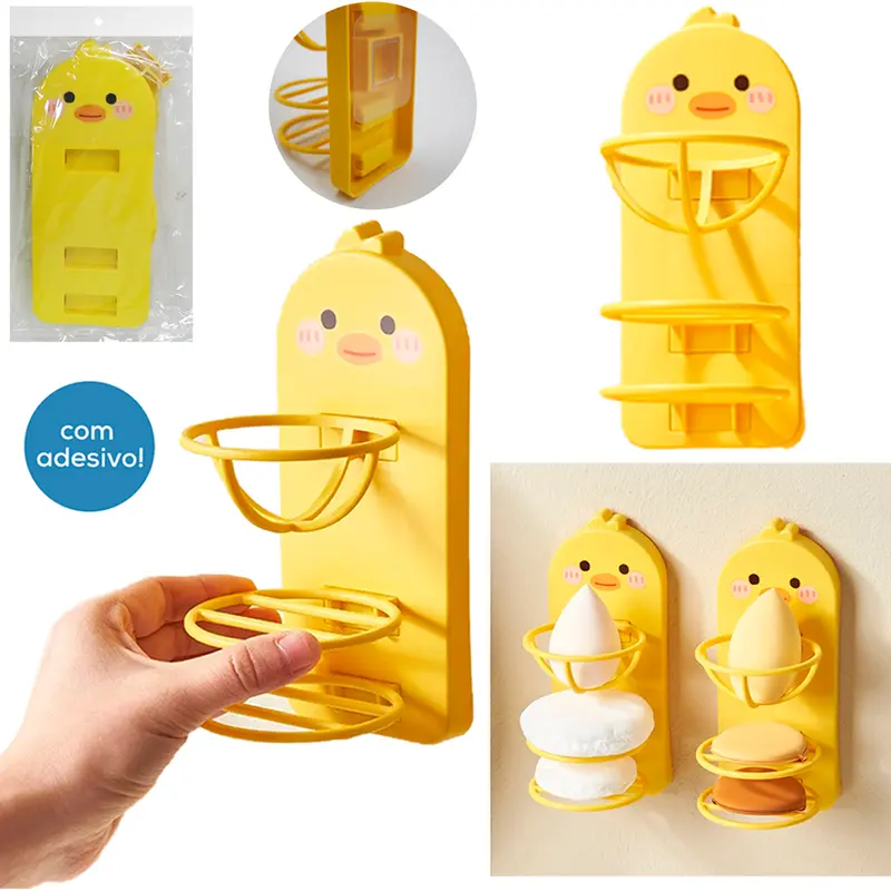 SUPORTE DE PLASTICO PATO PARA 3 ESPONJAS DE MAQUIAGEM AUTOADESIVO 17X8,5X7CM